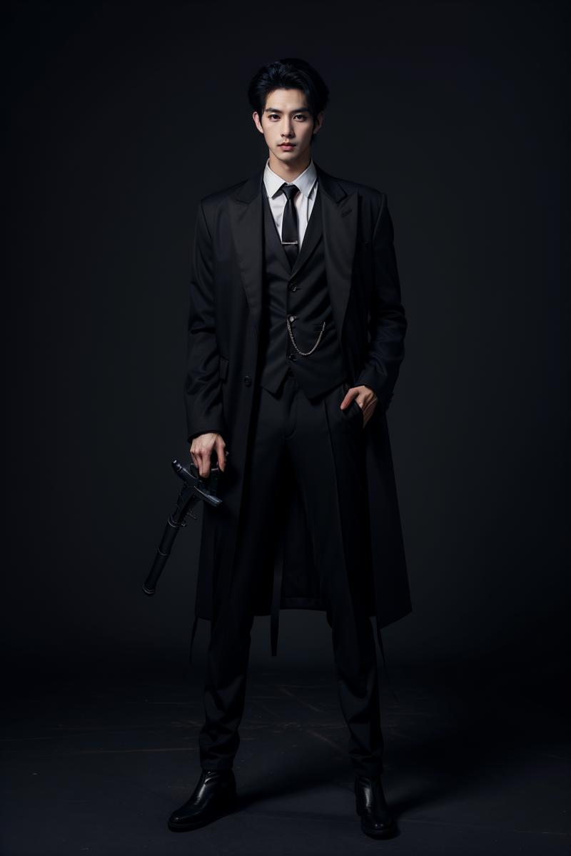 01984-1876391875-sd mai,Suit thug,solo,necktie,1boy,weapon,male focus,pants,gun,shirt,black hair,black pants,black footwear,holding weapon,hand i.png